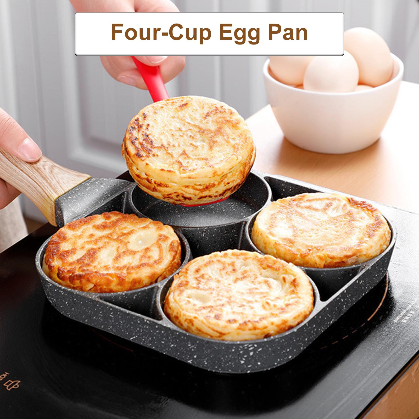 Chảo Chiên Rán Trứng Làm Bánh 4 Ngăn 4 Lỗ Buger Chống Dính, Tay Cầm Gỗ