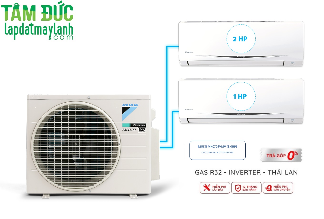 Hệ Thống Máy Lạnh Multi S Daikin Inverter Combo 3HP + 02 dàn lạnh 1.0HP + 2.0HP - MKC70SVMV/CTKC25RVMV+CTKC50SVMV - Hàng Chính Hãng - Chỉ giao tại TP.HCM