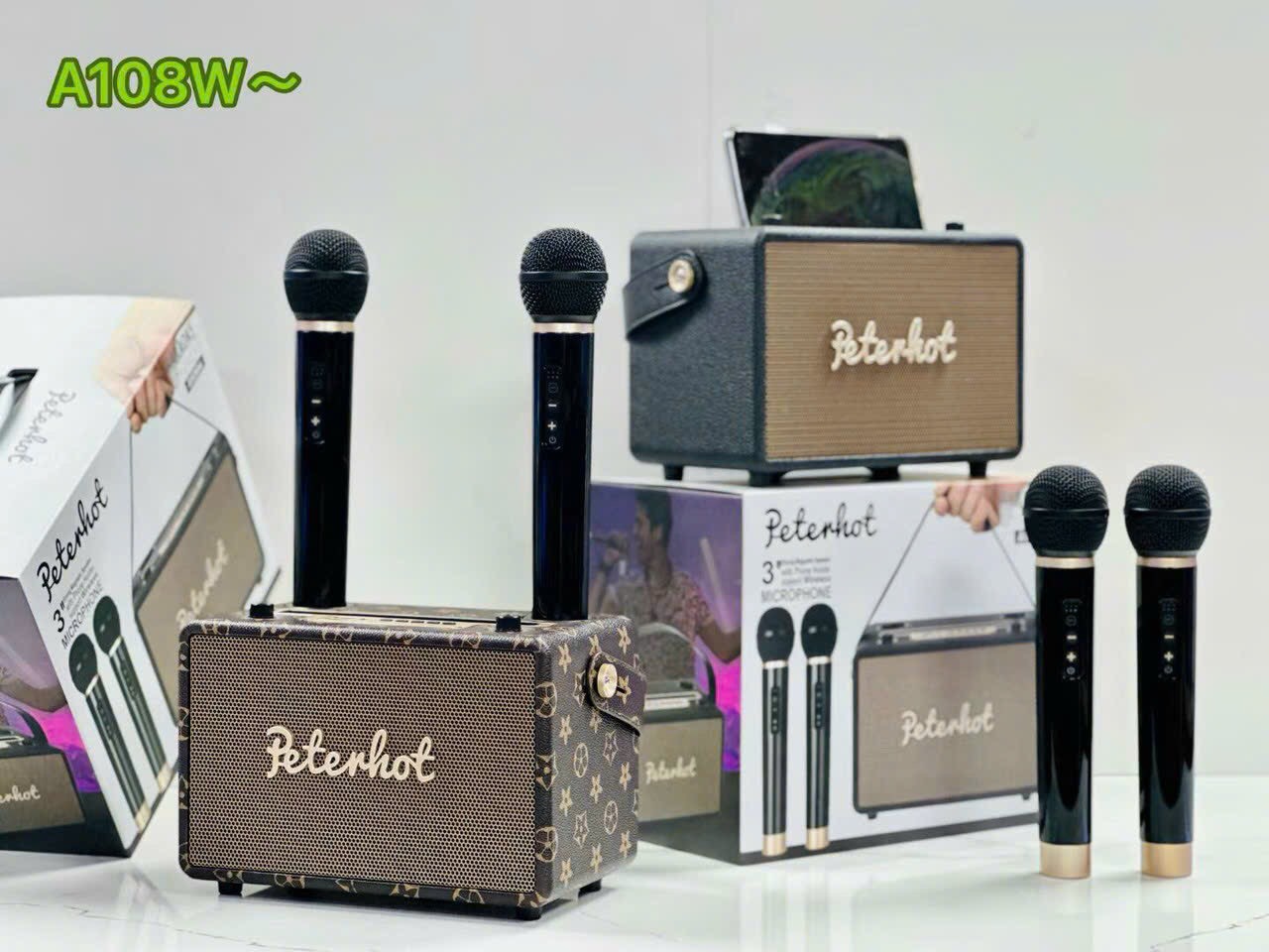 Loa karaoke Bluetooth PETERHOT A108W - kèm 2Micro không dây Cổng typeC -Hàng Chính Hãng