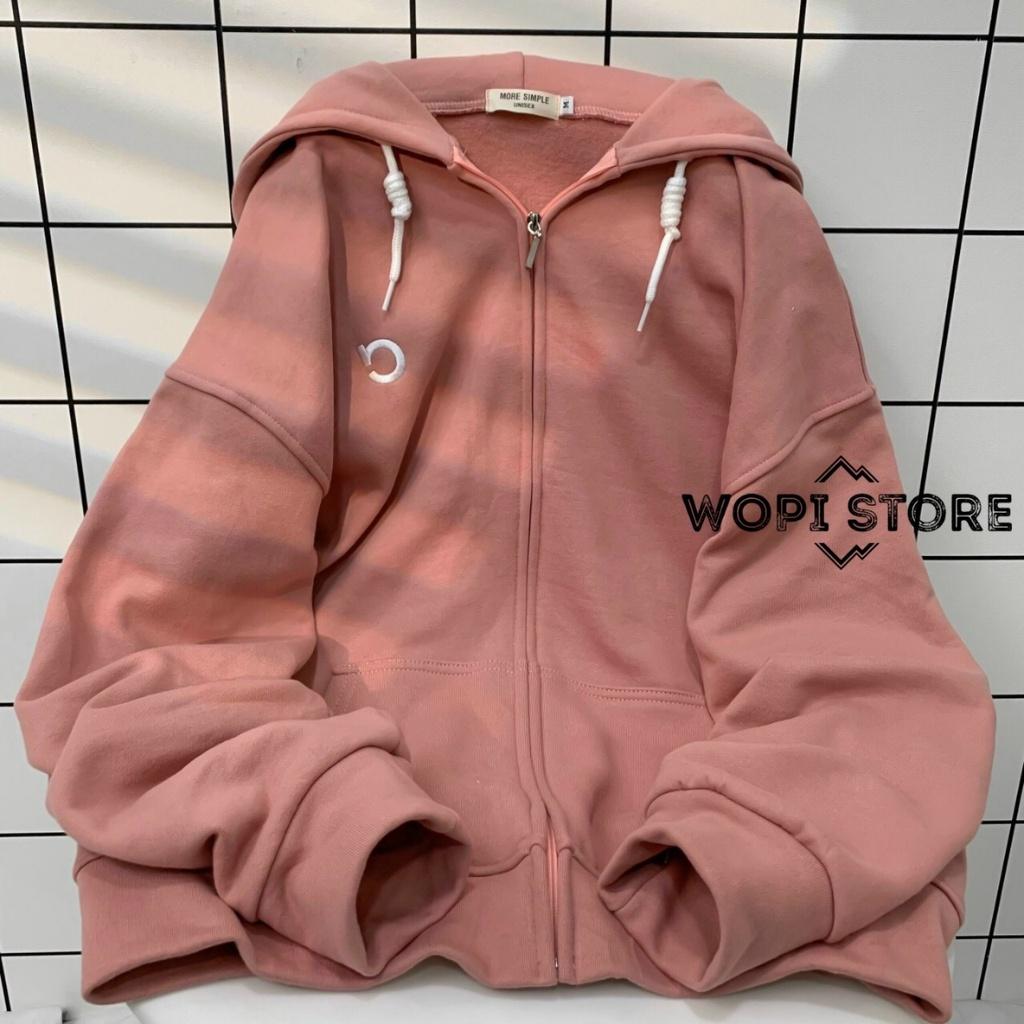 Áo Khoác Hoodie Thêu C Phối Zip Vải Nỉ Bông Form Rộng Ulzzang