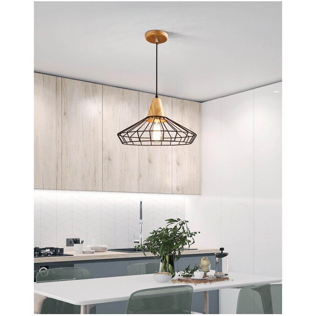 Đèn thả trang trí đuôi gỗ lồng sắt hình khối bóng led- Đèn bàn ăn phòng bếp phong cách Châu Âu