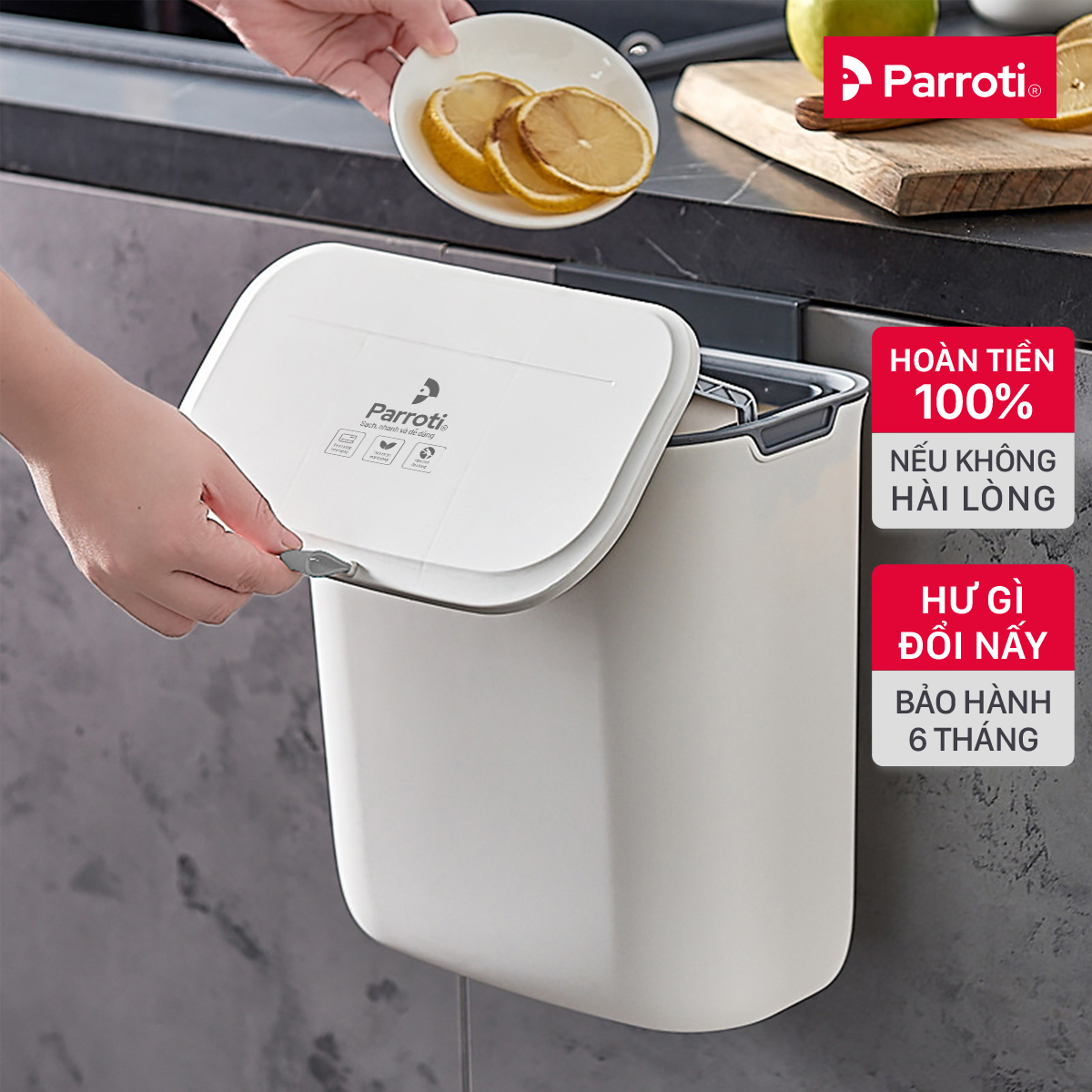 Thùng rác treo tủ bếp có nắp đậy thông minh, thùng rác treo tường dán tường, có thanh trượt cửa bếp – Parroti Bin BN02