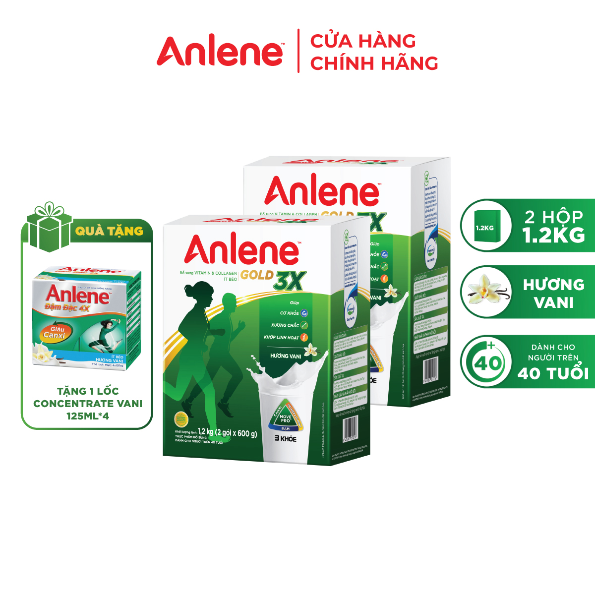 Combo 2 Sữa Bột Anlene Gold 3X Hương Vanilla (Hộp giấy 1200g) - Tặng 1 lốc concentrate Vani 125ml*4