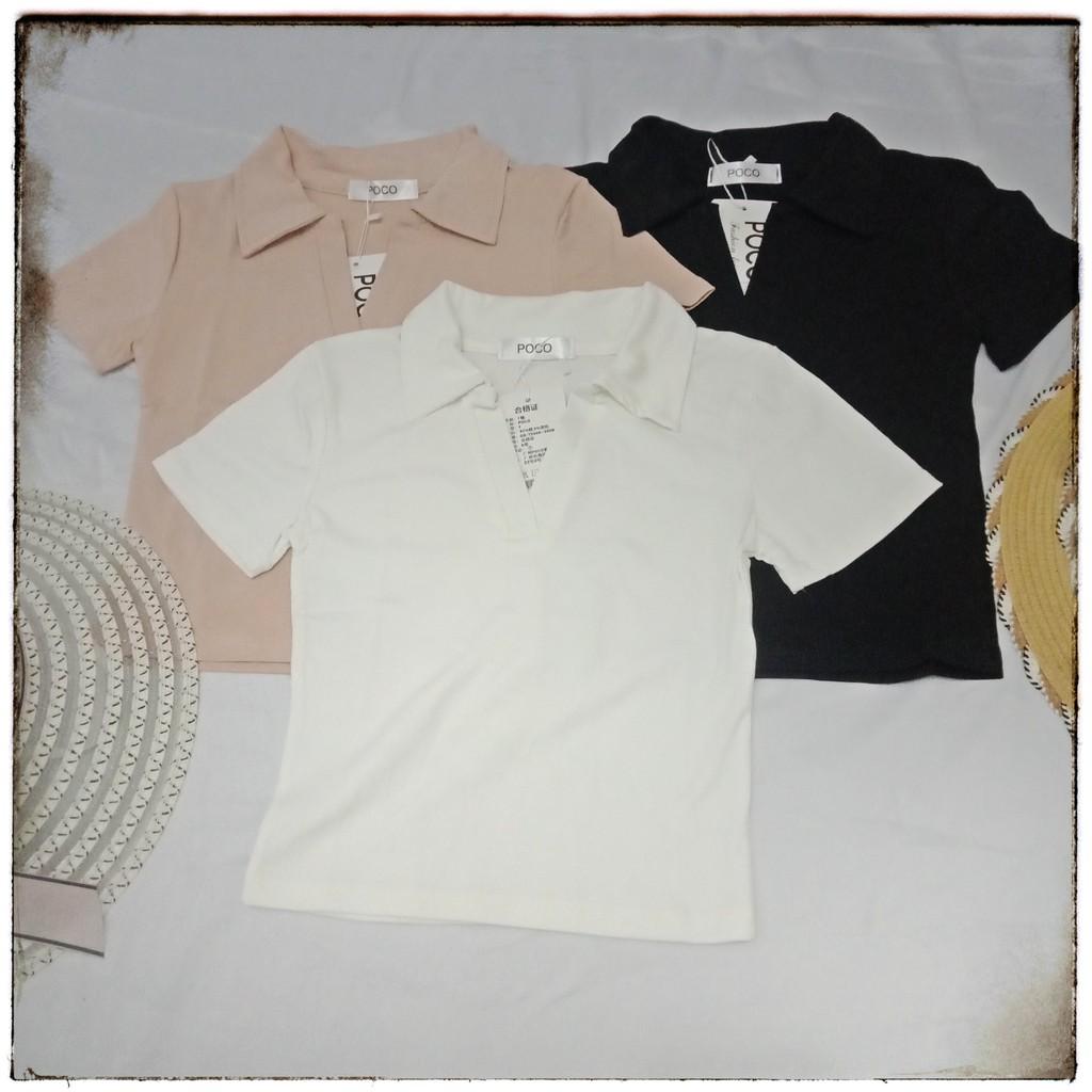 Áo thun polo croptop nữ cổ V kiểu áo phông có cổ bozip dáng ôm body Queenshop