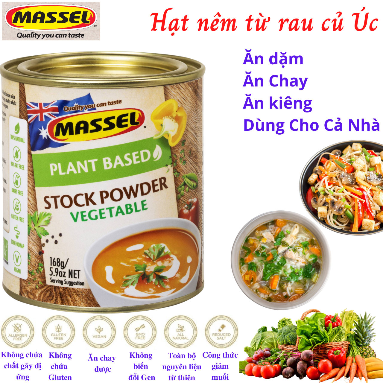 Hạt nêm rau củ Massel Úc 100% từ rau củ thảo mộc bảo vệ sức khỏe, dành cho ăn chay, ăn mặn, ăn kiêng, và cho bé ăn dặm - Massel Official