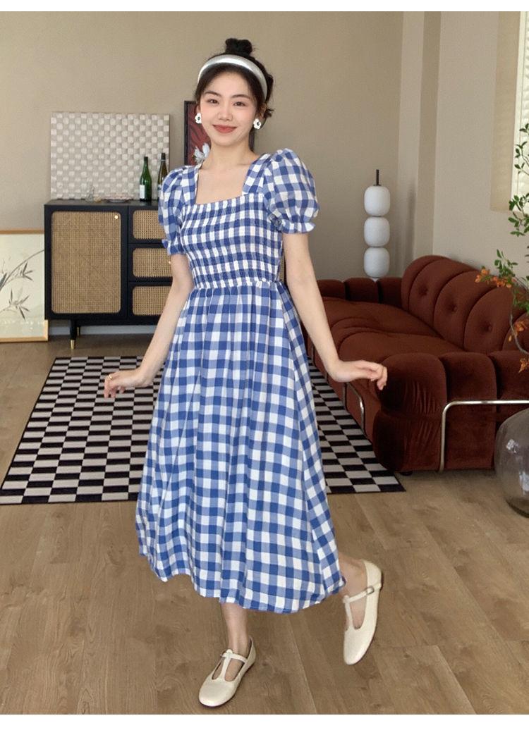 DIYIWEI Thanh lịch Port Wind Vintage kẻ sọc ăn vuông cổ thắt lưng sọc đi lại khí chất ngọt ngào bong bóng tay áo váy