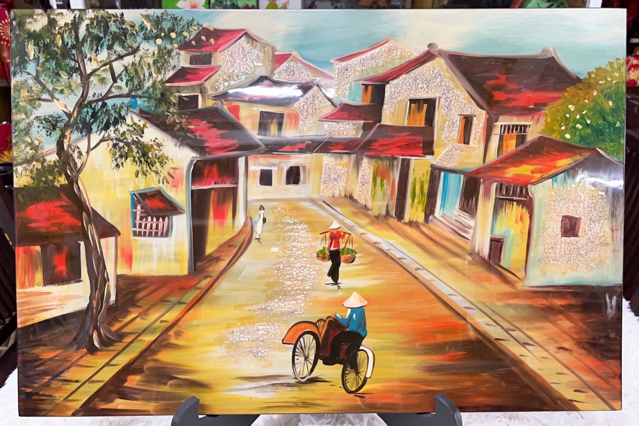 Tranh sơn mài phố cổ vẽ màu cẩn trứng đẹp Thanh Bình Lê, hàng xuất khẩu 40x60 cm