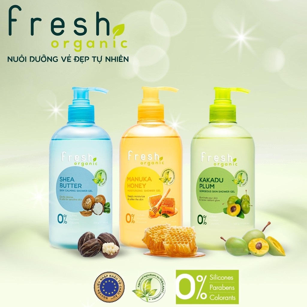 Gel tắm Fresh Organic Chăm sóc da nhạy cảm chiết xuất Bơ hạt mỡ 500g