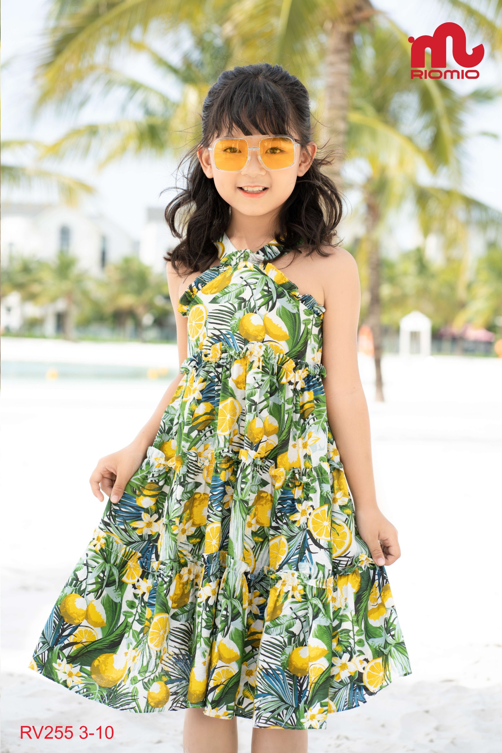 Váy đi biển cho bé gái 3-11 tuổi (15-40kg) RIOMIO 2 dây vải đũi họa tiết hoa quả xinh xắn - RV255