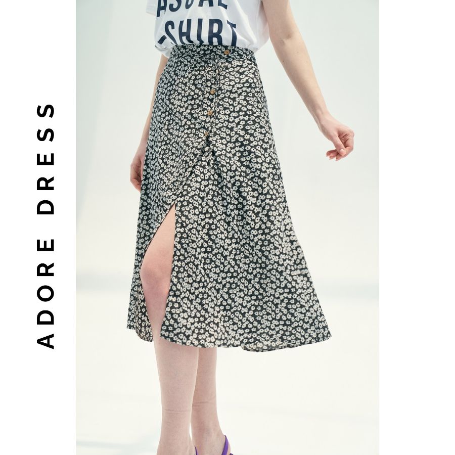 Chân váy Midi skirts casual style lụa chấm bi đỏ và hoa nhí đen  khuy dừa 311SK2017 ADORE DRESS