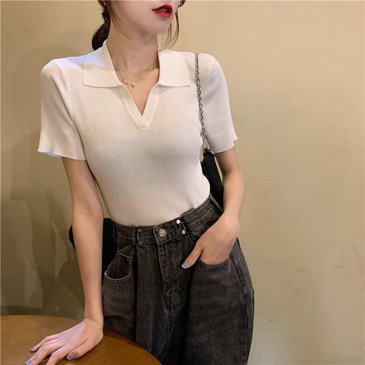 Áo croptop Polo len tăm nữ cổ bẻ V dáng ôm tay ngắn hàng dệt kim montergy Quảng Châu nhiều màu AL12