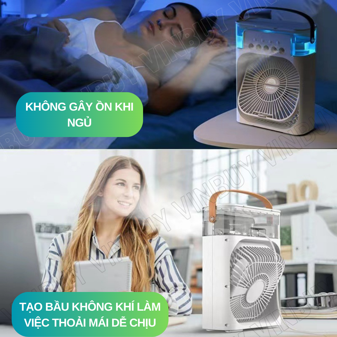 Quạt điều hòa hơi nước mini làm mát không khí để bàn nhỏ gọn, phun sương mạnh nhiều chế độ có bình đựng nước, nốt chạm cảm ứng, pin sạc tích điện, có đèn - Hàng chính hãng VinBuy