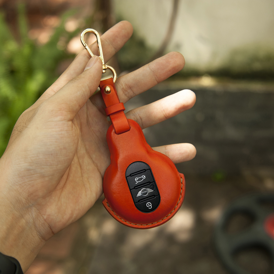 BAO DA ĐEO HÔNG VỚI CHẤT LIỆU DA BÒ NGUYÊN TẤM DÀNH CHO CHÌA XE MINI COOPER - BAO DA MÀU CAM THỜI TRANG