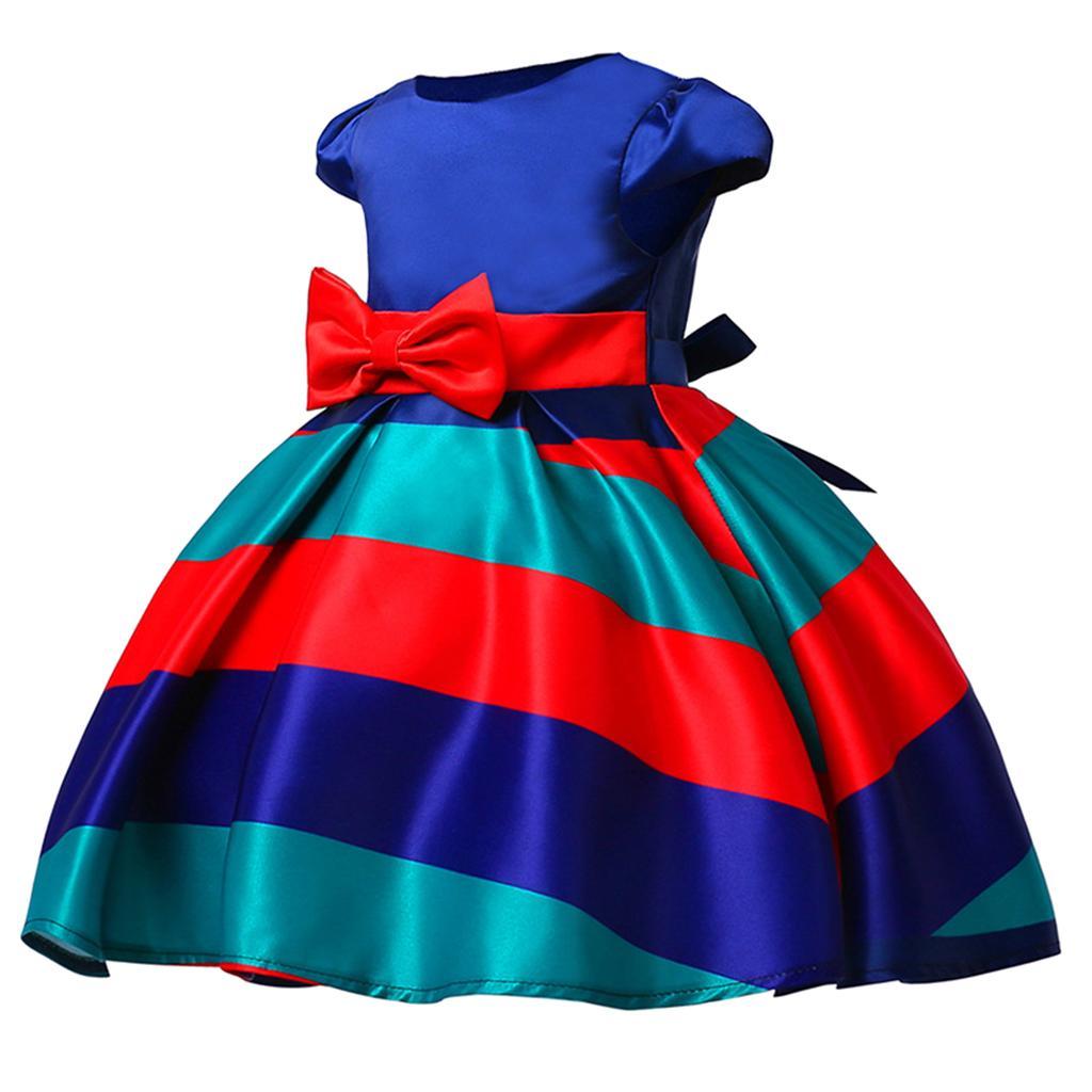 Fashion Flower Girl Dress Red Blue Stripes Bow Wedding Bridesmaid Birthday Pageant Formal Short Sleeve Dresses 3-10 Years