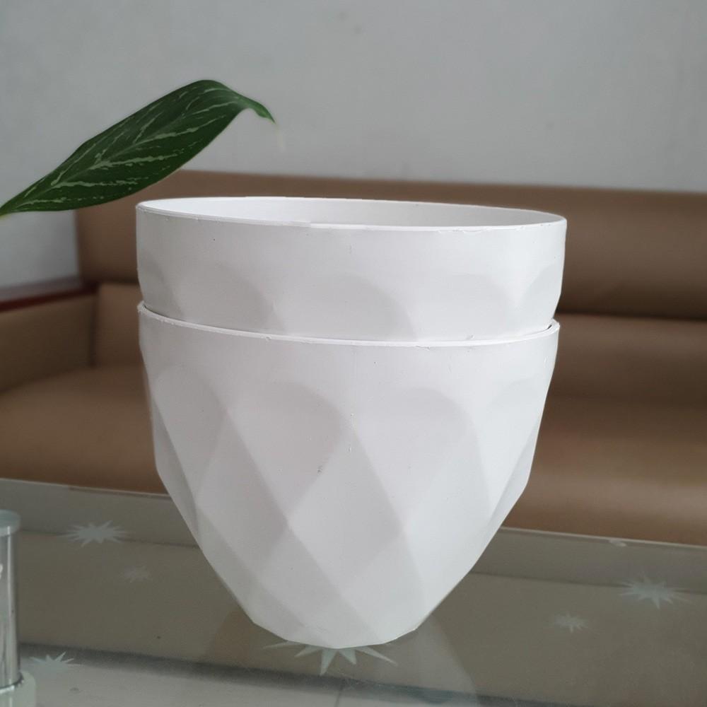 Bộ 2 chậu trồng hoa tròn kim cương trắng dày đẹp 27x22cm