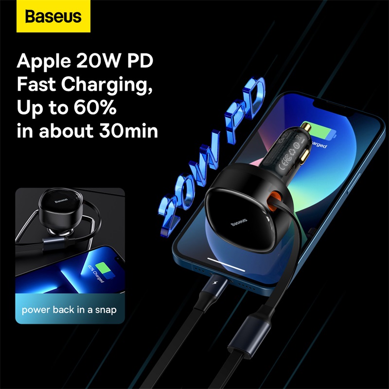 Tẩu Sạc Công Suất Cao Baseus Enjoyment Retractable 2-in-1 Car Charger C+L 30W - Hàng chính hãng