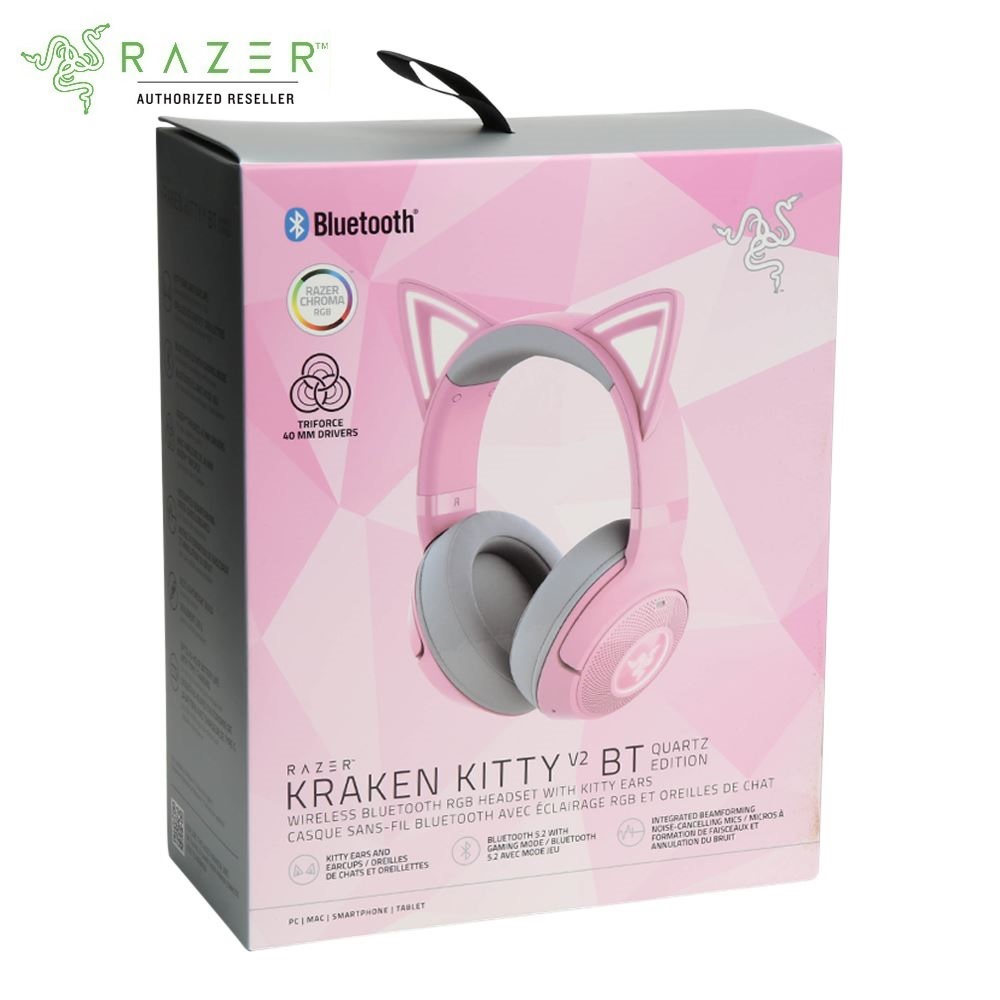 Tai nghe không dây choàng đầu Razer Kraken Kitty V2 BT-Hồng(Quartz Edition)-Wireless Bluetooth RGB Headset with Kitty Ears_Mới, hàng chính hãng