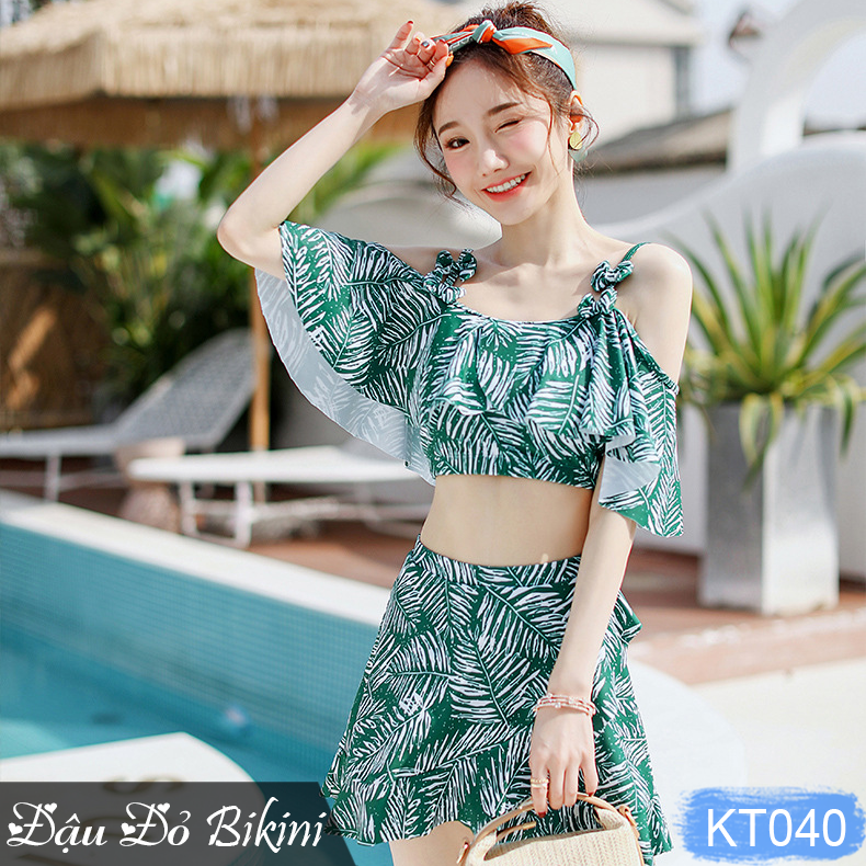 Bộ bơi 2 mảnh nữ áo bèo sen nữ tính, áo tắm bikini quần váy điệu đà, chất thun bơi lạnh cao cấp Lycra dày dặn mịn mát, phom chuẩn đẹp | KT040