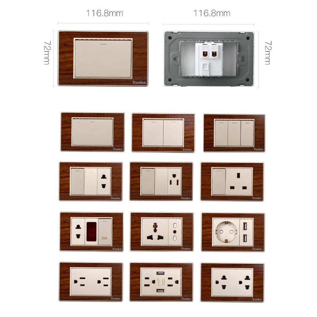 Ổ Cắm-Công Tắc 20A Công Suất Cao Cho Bình Nóng Lạnh - Mặt Vân Gỗ Bo Viền Vàng Thương Hiệu Nhật Tenko TK-C6-080
