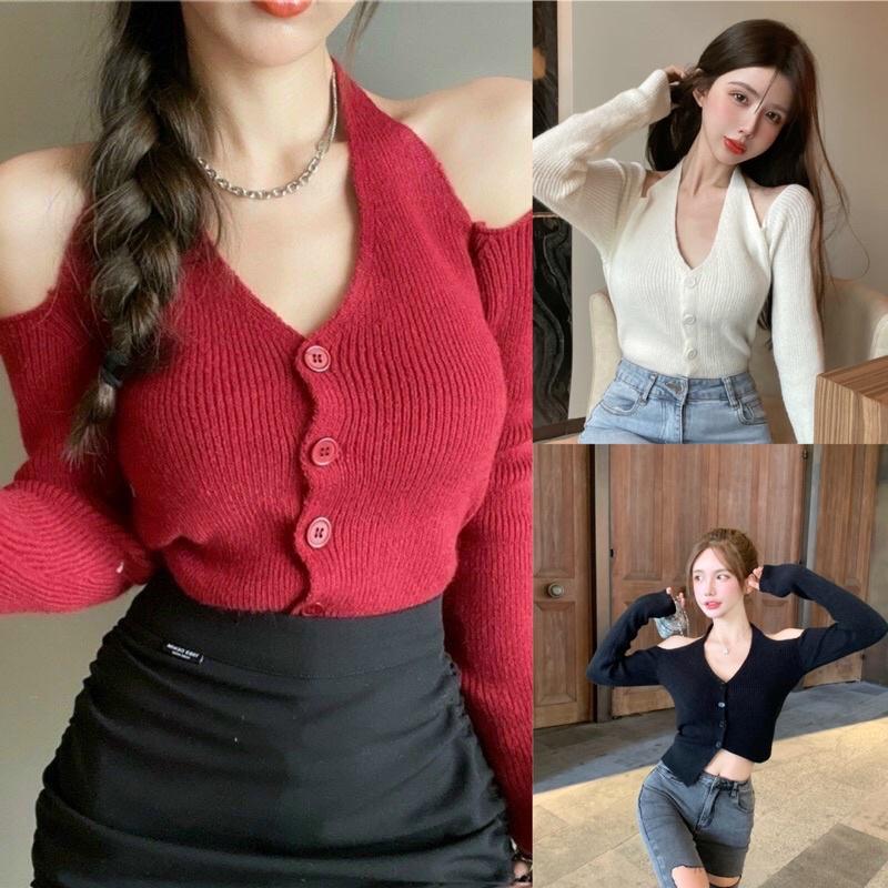 Áo len nữ dài tay cách điệu hở vai cổ yếm hở lưng hàng Quảng Châu đẹp
