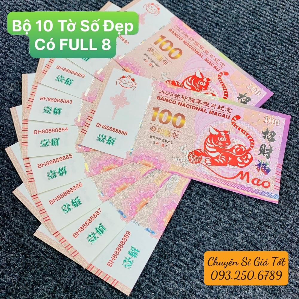 Bộ 10 Tờ Số Đẹp, có Full 8 - Tiền phong thủy hình Mèo Macao 100 kèm bao lì xì Tết 2023