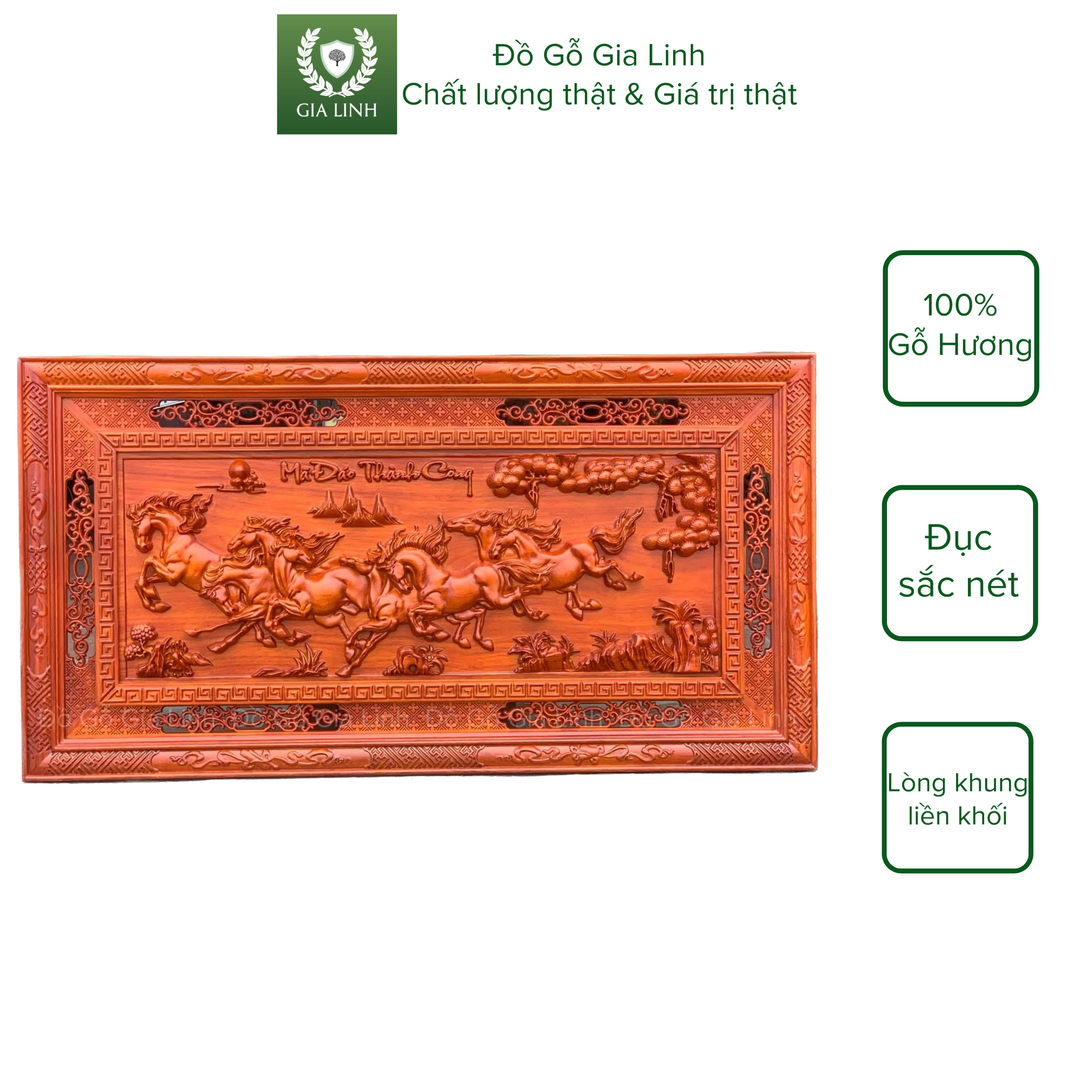 Tranh gỗ Mã đáo thành công Đồ Gỗ Gia Linh gỗ Hương đỏ chạm khung KT 127cm x 67cm