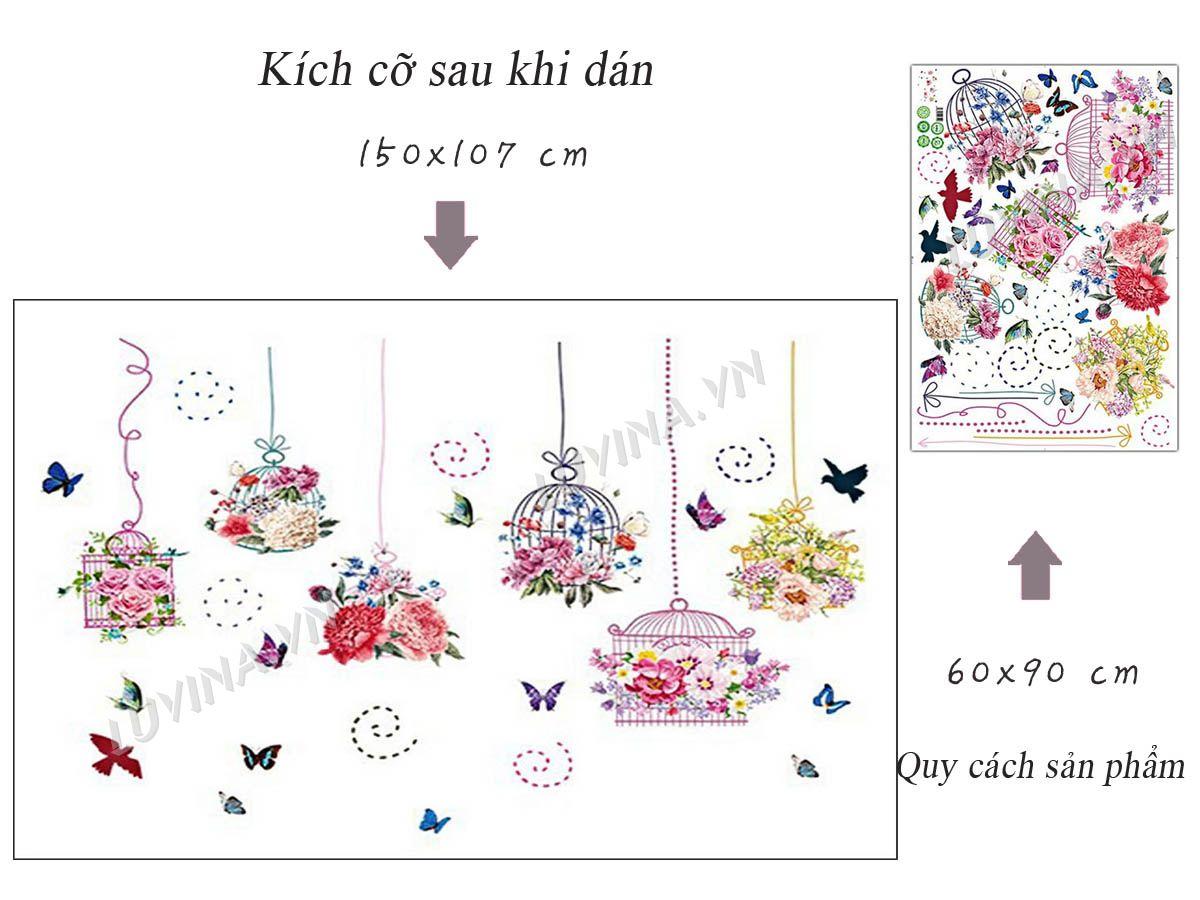 DECAL DÁN TƯỜNG LỒNG CHIM SẮC MÀU VÀ ĐÔI HẠC
