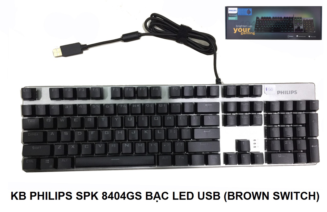 BÀN PHÍM PHILIPS SPK 8404 GS USB LED BẠC (BROWN SWITCH) Bàn phím cơ switch nâu chuyên chơi game Esport - Hàng chính hãng