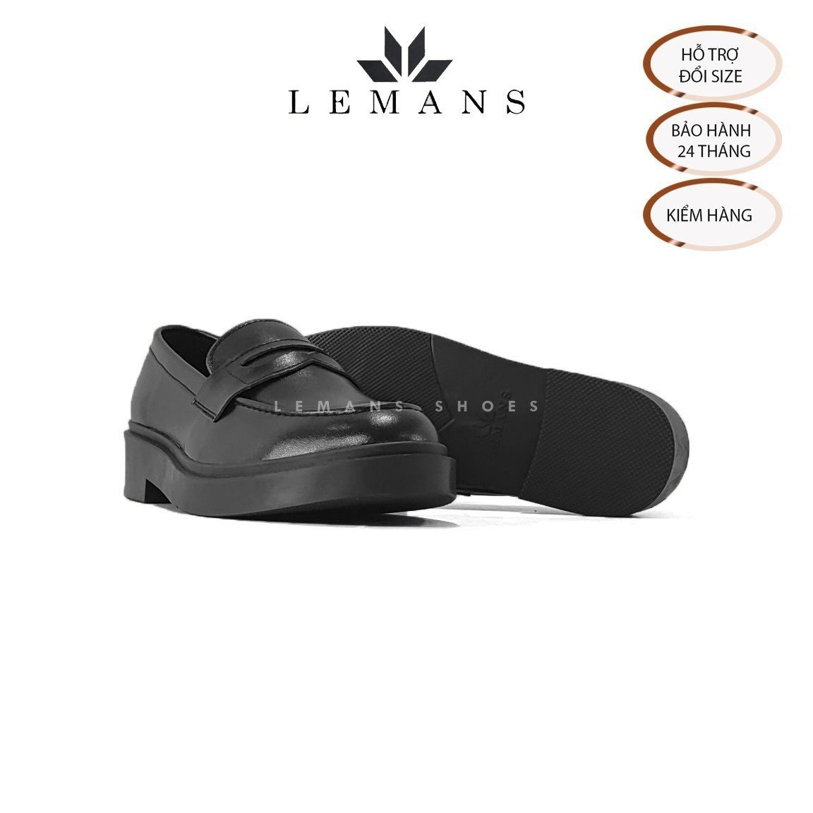Giày da bò Penny Loafer Black LEMANS PL01D, da bò nguyên tấm, tăng chiều cao 4cm, bảo hành 24 tháng