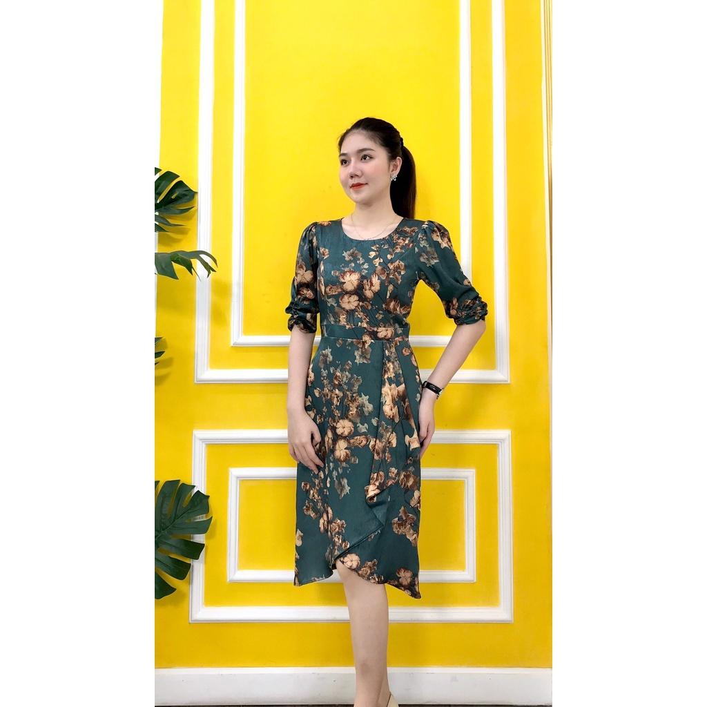 Váy EMY EM6437 Nữ Body Xanh Hoa Cổ Tròn Tà Đắp Chéo Không Túi