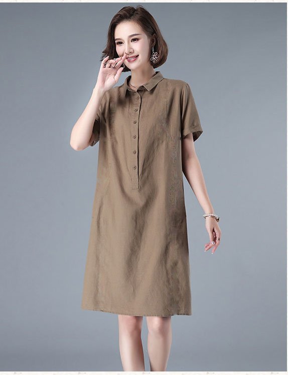Đầm váy sơ mi nữ ngắn tay, Váy linen nữ cổ sơ mi dáng ngắn, suông trơn phong cách nữ công sở ARCTIC HUNTER