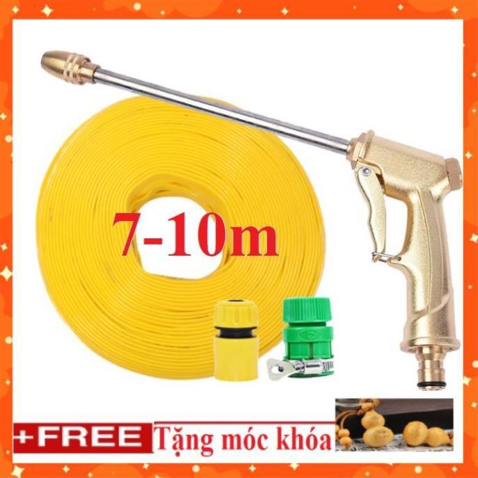 Bộ dây vòi xịt nước rửa xe, tưới cây . tăng áp 3 lần, loại 7m, 10m 206701-3 đầu đồng,cút,nối vàng +tặng móc khoá