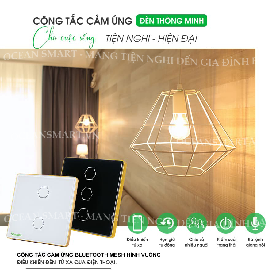 Công Tắc Cảm Ứng Thông Minh HUNONIC Luxury, Công Tắc Điều Khiển Từ Xa Bằng Điện Thoại Hình Vuông - HNLUXV