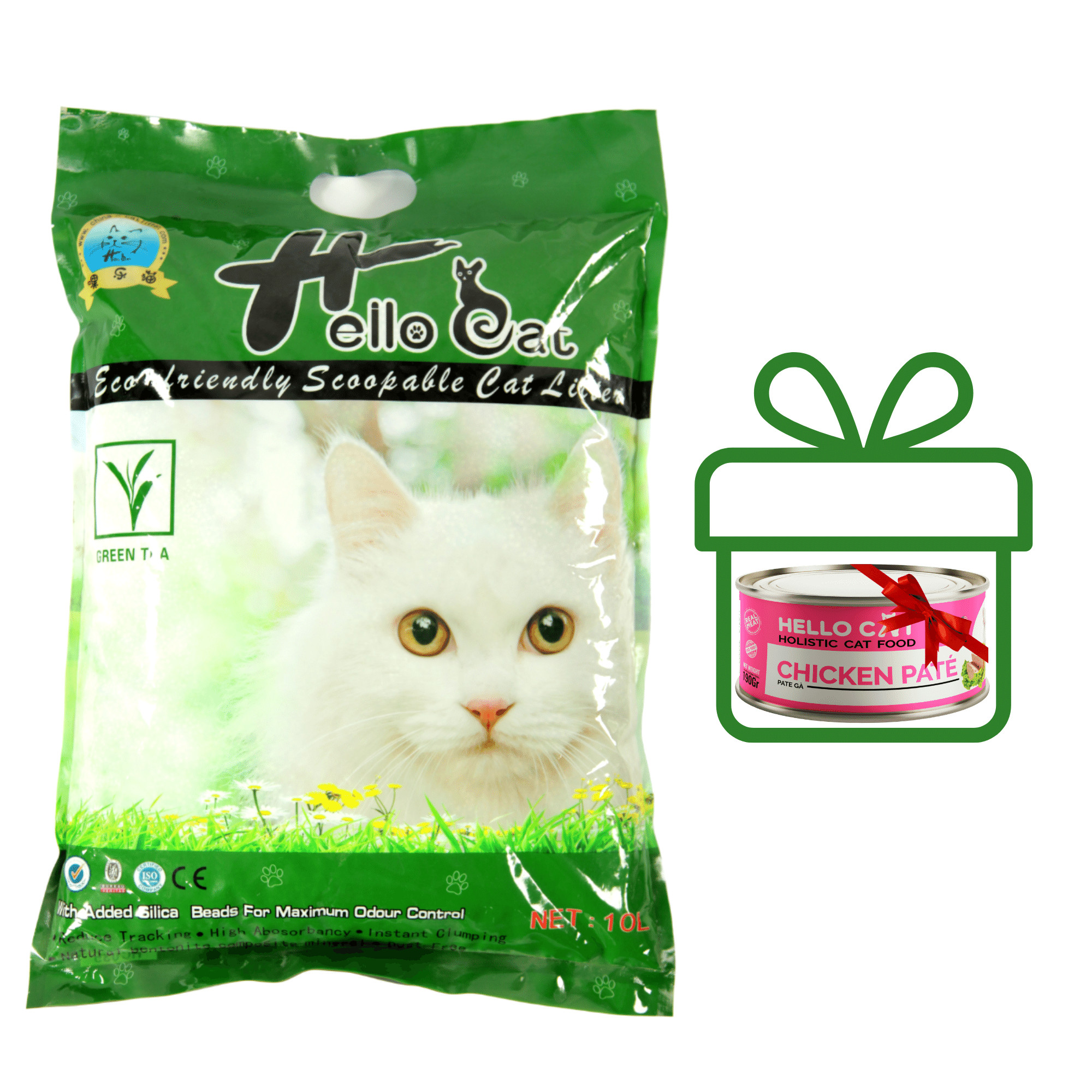 Cát Vệ Sinh Thái Lan Dành Cho Mèo Hương Trà Xanh Không Bụi Vón Nhanh Mùi Hương Dịu Nhẹ Dễ Chịu Hello Cat Green Tea Bentonite Sand (10L/7KG) - TẶNG 1 Lon Pate Hello Cat Pate Mùi Ngẫu Nhiên 190G