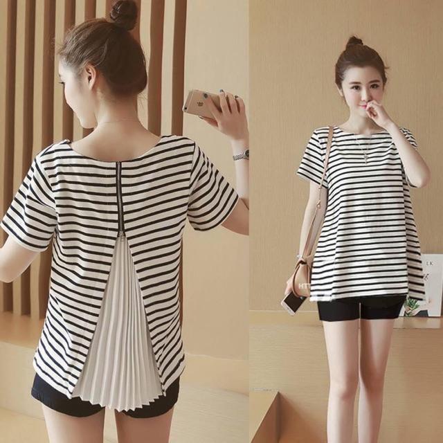 Áo cotton kẻ phối khoá phía sau
