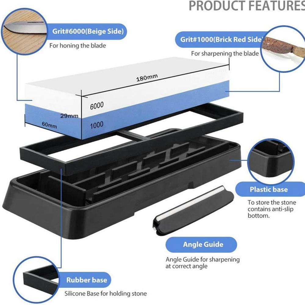 Knife Sharpening Stone Set 1000/6000 2 Side Whetstone Knife Sharpener Wet Stone Sharpening Kit with Non Slip Base Flattening Stone Kitchen Waterstone Hard Plastic BOX