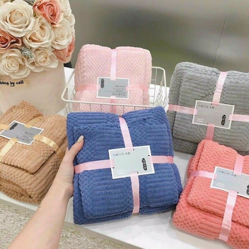 Set 2 khăn tắm lông cừu phong cách Hàn Quốc siêu mền mịn thấm hút nước - Combo 2 khăn tắm và khăn mặt cao cấp xuất Hàn