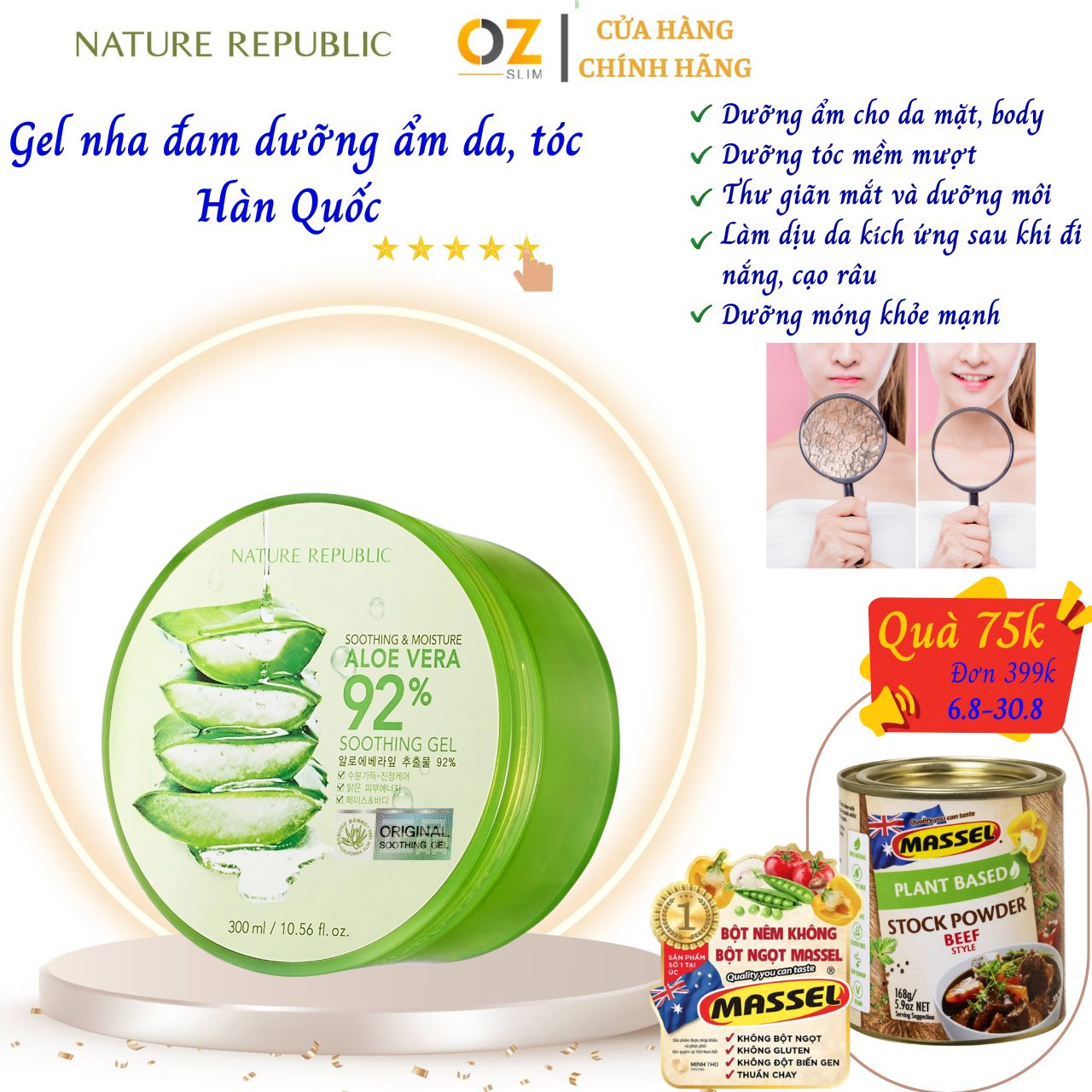 Dưỡng Ẩm Da, Tóc Gel Nha Đam Hàn Quốc Nature Republic Soothing & Moisture Aloe Vera 92% Soothing Gel - OZ Slim Store