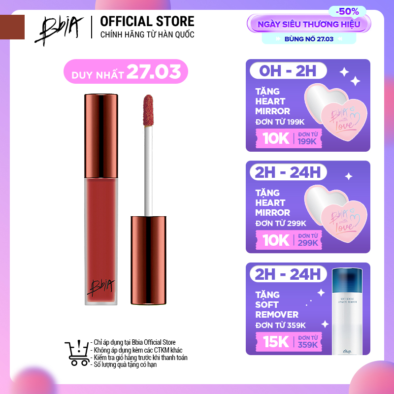 Son kem lì Bbia Last Velvet Lip Tint - 24 Trendy Note 5g (màu hồng đất ánh cam nhẹ)