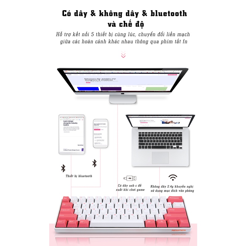 Bàn phím cơ không dây Dual Mode Newmen GM610 Pro,tặng kèm bộ 4 keycap rồng-hổ,tương thích PC/Laptop/Mac/..., bảo hành 24 tháng - Hàng chính hãng