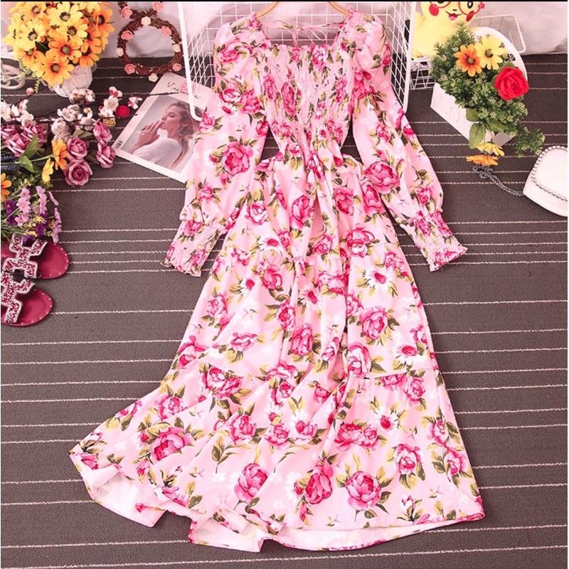 ĐẦM MAXI TAY PHỒNG HOA HỒNG SANG CHẢNH