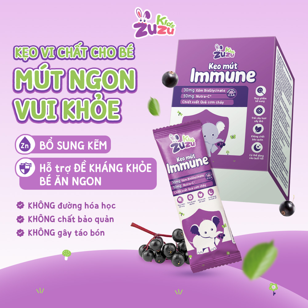 ZuZuKids Kẹo Mút Vi Chất IMMUNE Bổ Sung Kẽm Tăng Đề Kháng Cho Bé - Dây 10 que &amp; Hộp 20 que