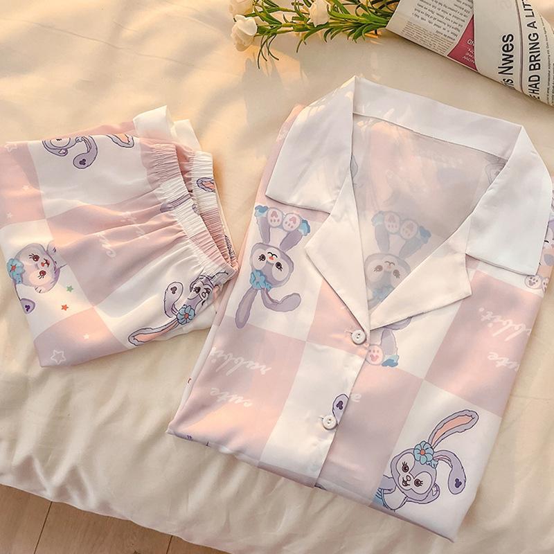 MS1049 Bộ Pyjama Nữ Lụa Satin, Bộ Quần Đùi Áo Cộc Mặc Nhà Thỏ Hồng Caro 3922#