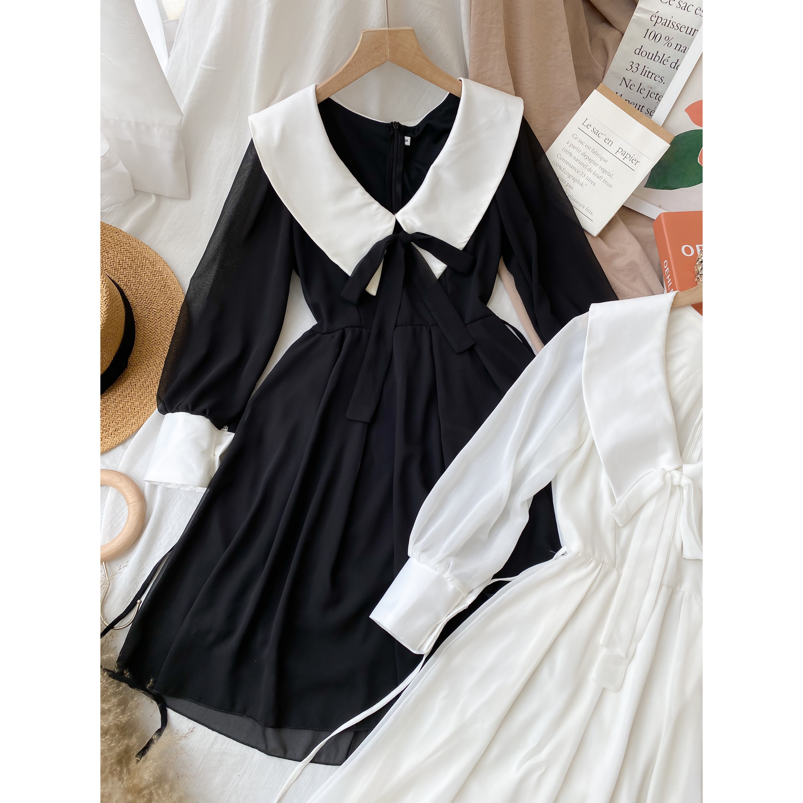 Đầm sang trọng trắng đen cổ nhọn cột nơ phối chất voan lụa cao cấp WHITE DRESS 29