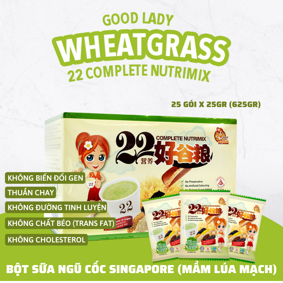 Bột ngũ cốc dinh dưỡng thương hiệu Good Lady Singapore - Mầm lúa mì - 22 Nutrimix Complete Wheat Grass (25 gói/ 625g)