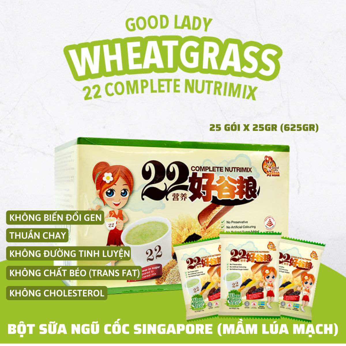 Bột ngũ cốc dinh dưỡng thương hiệu Good Lady Singapore - Mầm lúa mì - 22 Nutrimix Complete Wheat Grass