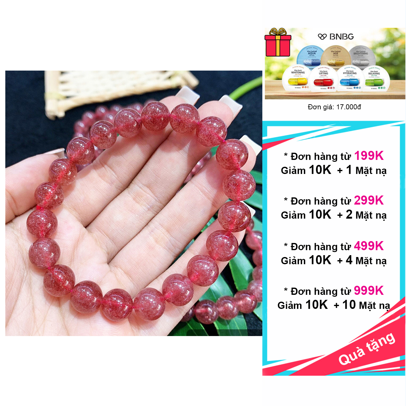 Vòng đá thạch anh dâu tây đỏ 5A hợp mệnh Hỏa, Thổ