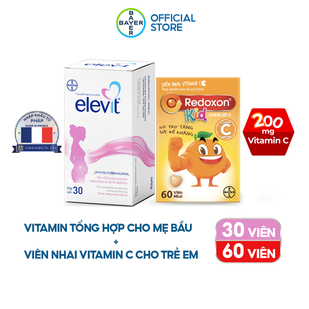Combo Vitamin Bầu Tổng Hợp ELEVIT Bổ Sung Vitamin và Khoáng Chất Cho Phụ Nữ Mang Thai và Sau Sinh Hộp 30 Viên và Viên Nhai Vitamin C Hỗ Trợ Tăng Sức Đề Kháng Dành Cho Trẻ Em REDOXON Kids Chew Vit C Hộp 60 Viên