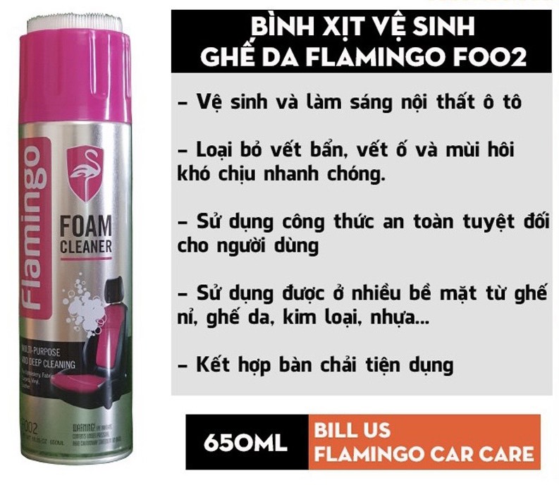 Xịt bọt đa năng vệ sinh nội thất ô tô xe hơi tẩy vết bẩn bề mặt nỉ da nhựa vải Flamingo 650ml F002