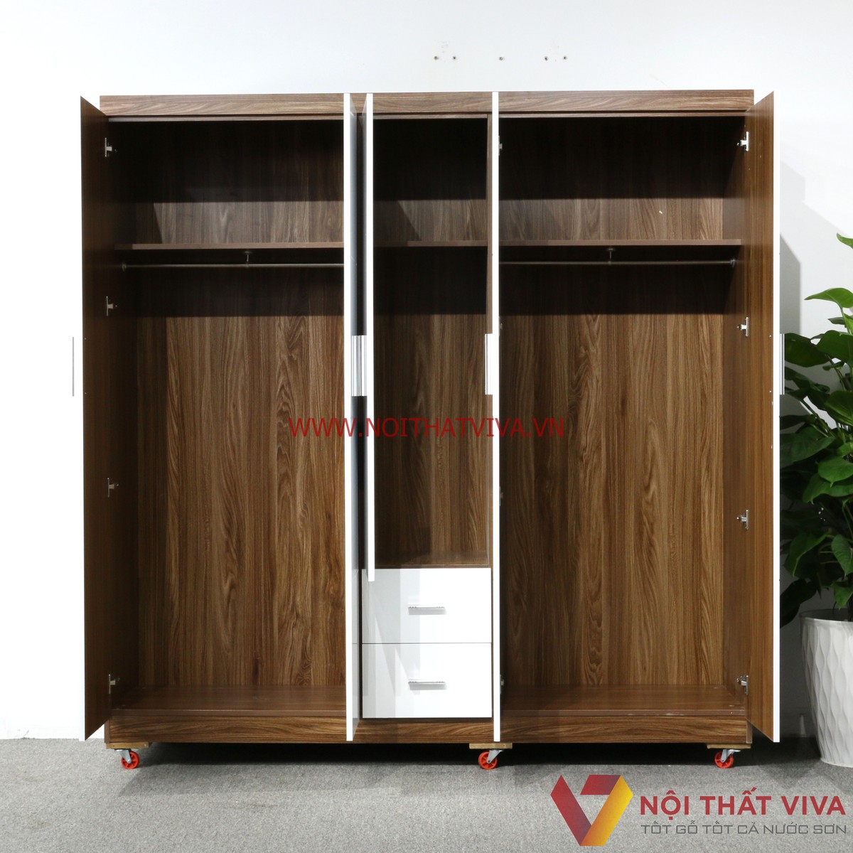 Tủ Áo 5 Cánh Gỗ MDF Melamine Màu Óc Chó Cánh Trắng Cao Cấp